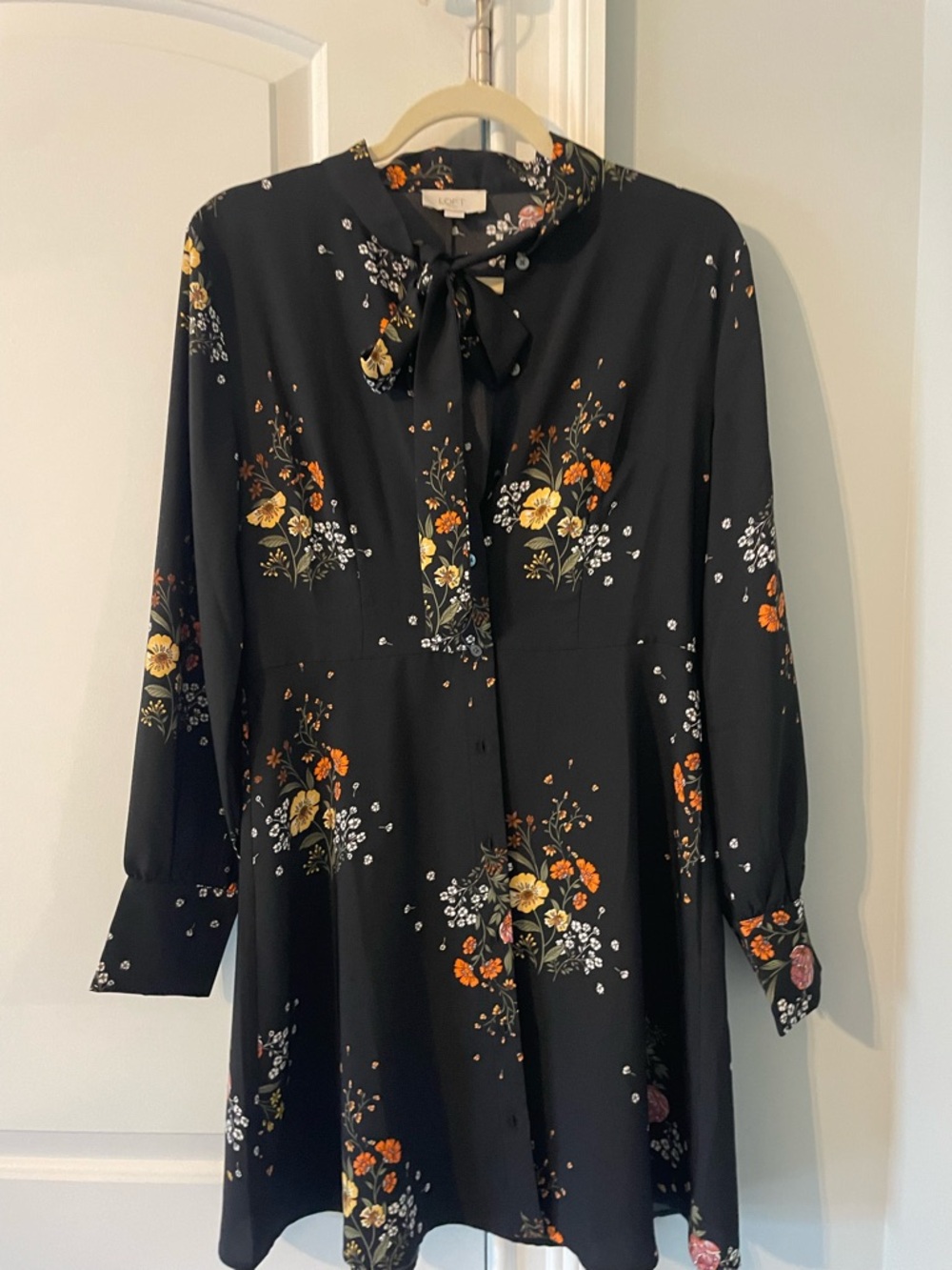 LOFT Black Long Sleeve Floral Tie-Front Dress